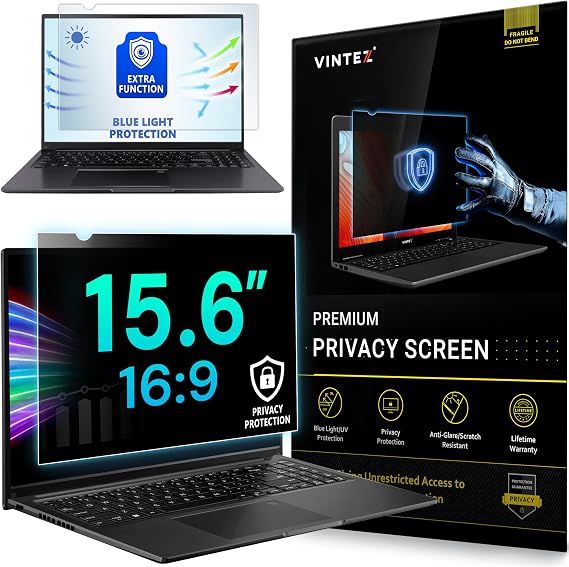 VINTEZ 15.6 Inch 16:9 Privacy Screen for Computer Monitor and Laptop - Anti Glare Protector Film Blue Light Filter Eye Protection - Computer Screen Privacy Shield, [1 Pack]