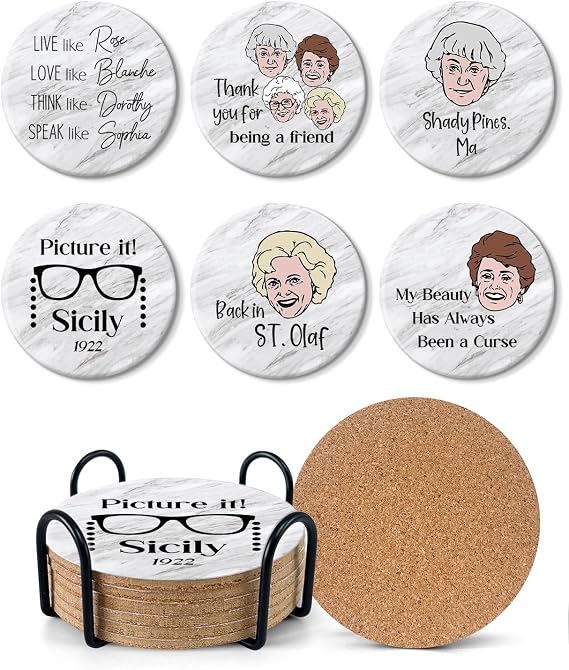 Funny Golden Girls Coasters for Drinks Set of 6 with Holder, Golden Girls Merchandise Coasters Set, Golden Girls TV Show Gifts for Sister Woman Fans