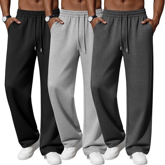 Neer 3 Pack Men's Sweatpants Lightweight Pants | Baggy Joggers, Wide Leg, Relaxed Fit, Open Bottom, Drawstring Waist, 3 Pockets, Lightweight, Lounge, Casual