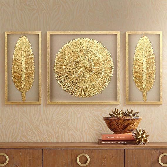 Dahlia Studios Golden Feathers 31 1/2" High Wall Art Set of 3
