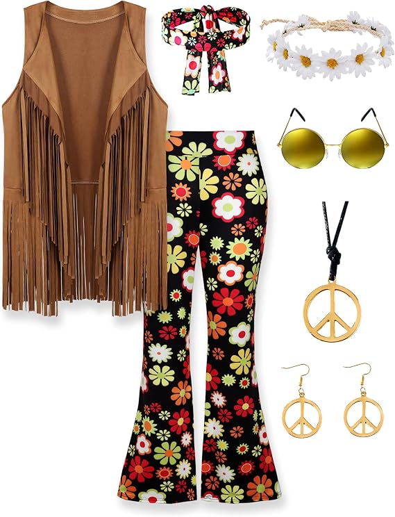 60s 70s Outfit for Women Hippie Costume 8pcs Fringe Vest Flared Pants Costume Peace Sign Necklace Earrings
