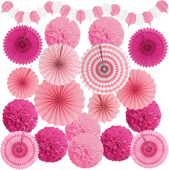 Party Decorations, Pink Papar Fans Pompoms Garlands for Women Girls Mothers Day Bachelorette Wedding Birthday Baby Showers Valentine's Day Party Decorations