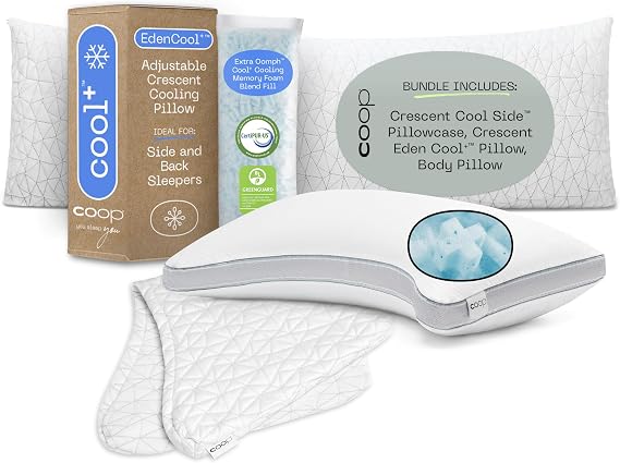 Coop Cool Side Crescent Pillowcase, Cool+ Crescent Pillow and Body Pillow King Bundle