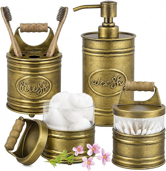 Autumn Alley Rustic Bathroom Accessories Set Vintage Brass Farmhouse Soap Dispenser, Antique Brass Toothbrush Holder, 2 Apothecary Jars Qtip Holder Glass - Rustic Bathroom Decor, Bathroom Accessories