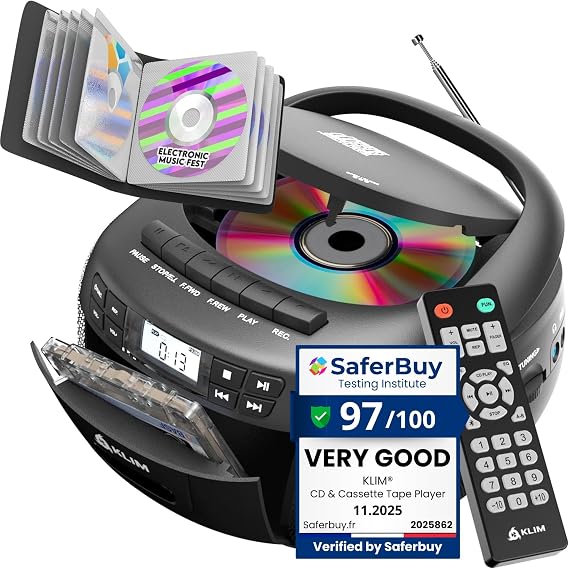 KLIM CD Player & Cassette Tape Player with Case, Bluetooth Boombox, AM/FM Radio, Stereo Sound, Remote, CD and Cassette Combo, Tape Recording, USB Drive, AUX, AC/DC Powered