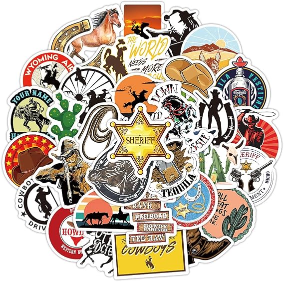 Western Cowboy Sticker for Laptop (Pack of 50), Gift for Children, Teenagers, Adults, Boys, Waterproof Cartoon Western Wild Sticker for Skateboard, Vinyl Stickers for Car, Motorcycles, Bicycle, Bumper