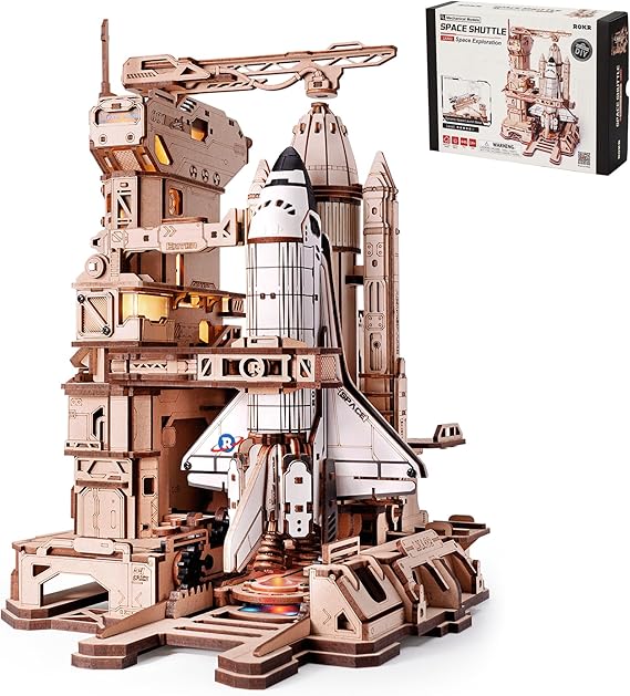 ROKR 3D Wooden Puzzles Space Shuttle-Dynamic Launch Base with Motorized Lift, LED Light Effects, 1:420 Scale Collectible Building Kit Airplane Wooden Puzzles Gift for Adults