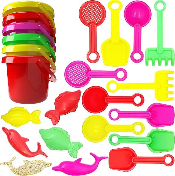 The Dreidel Company Mini Beach Day Playsets 6-Pack 3.25" Sand Bucket Play Set Box Includes, Pail, Shovel, Rake, Sifter Scoop, Dolphin Fish Sand Trays Toy for Boys and Girls Birthday Party Favor