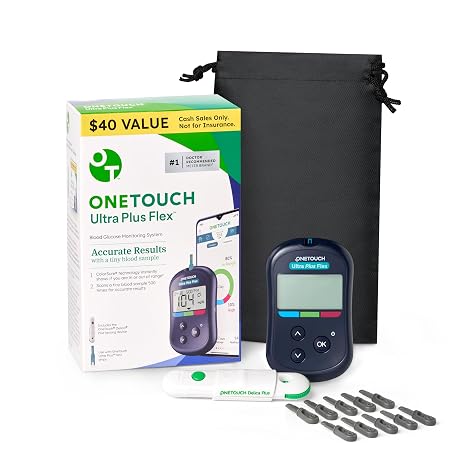 OneTouch Ultra Plus Flex Bonus Kit with Meter, Lancing Device, Pouch | Blood Sugar Kit with Ultra Plus Flex Blood Glucose Meter, Lancing Device, 10 Lancets & Carrying Pouch for Diabetes Care