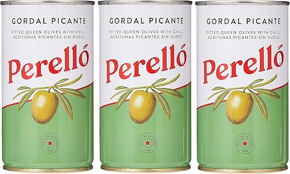 Perelló Gordal Picante Pitted Olives - 350g (150g Drained), Pack of 3, Spanish Green Olives - Spicy Gordal Olives, Perello Olives, Tinned Olives Pitted