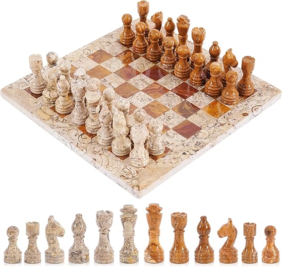 Radicaln Marble Chess Set 12'' Inches Coral and Red Handmade Classic Board Games for Adults, Luxury Marble Chess Board & Pieces, Modern Table Chess | Coral & Red Marble, Handmade, Natural Marble Veining, Luxury Decor, Elegant Gift, 32 Chess Figures
