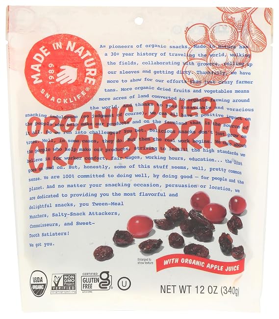 Made in Nature Organic Dried Cranberries with Organic Apple Juice, 12 oz (340 g)