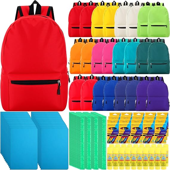 Sweetude 24 Pack 16 Inch Bulk Backpacks with School Supplies Kits Notebooks Glue Sticks Rulers Crayons, Back to School Essentials Bundle Supply Assorted 12 Colors