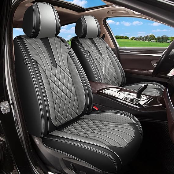 IKABEVEM Full Set Car Seat Covers for Toyota RAV4 2013-2023 2024 2025 RAV4 Hybrid RAV-4: Breathable Perforated Premium Leather Seat Cover (Black&Grey) | Faux Leather Breathable Perforated Automotive Seat Covers, Compatible with Airbags, Vehicle Seat Cushion, Black&Grey