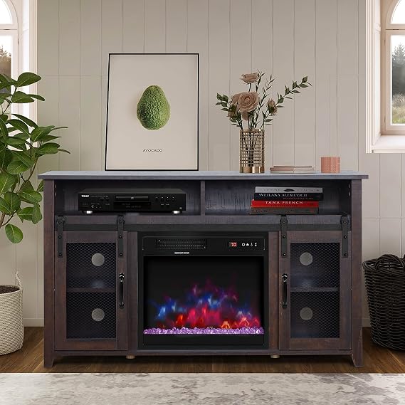 ENSTVER TV Stand for TVs up to 55" with Electric Fireplace Included,Media Storage Television Console for Living Room (Espresso,Glass Ember Bed)