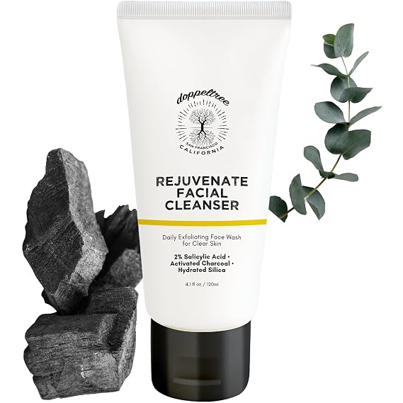 Doppeltree 3-in-1 Exfoliating Facial Cleanser with 2% Salicylic Acid, Hydrated Silica, Activated Charcoal for Clearer Skin, Oil Control & Anti