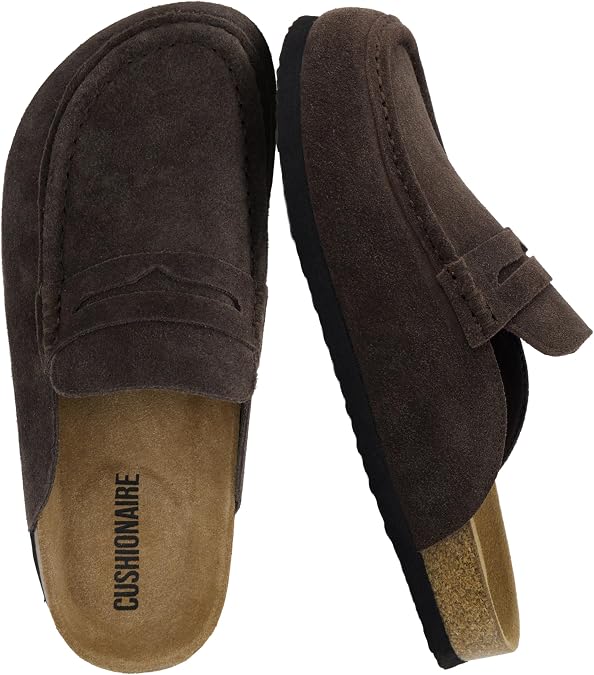CUSHIONAIRE Fondu Genuine Leather Mule Clogs for Women, Comfortable Slip On Womens Shoes with Penny Strap Accent and Memory Foam Footbed