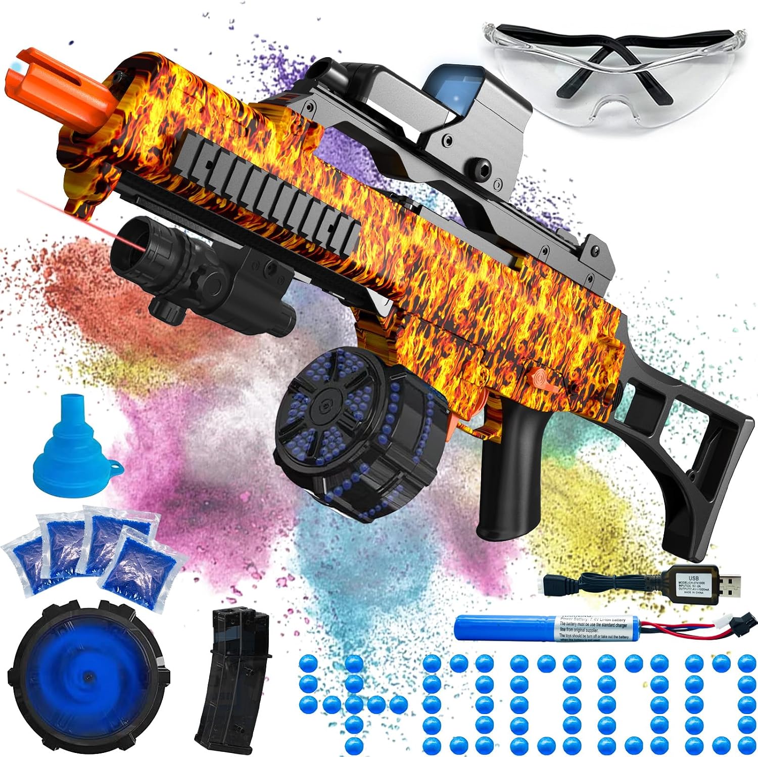 Electric Gel Ball Blaster, High Speed Automatic Splatter Ball Blaster with 40000 and Goggles, JIFTOK Rechargeable Splatter Ball Toys for Outdoor Activities Shooting Game Party Favors-Fire