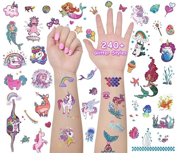 Glitter Unicorn Temporary Tattoos for Kids, 24 Sheets Waterproof Mermaid Tattoos Stickers 240+Pcs, Girls Gifts Birthday Party Baby Shower Favor Supplies, Goodie Bags Fillers & Classroom Exchange