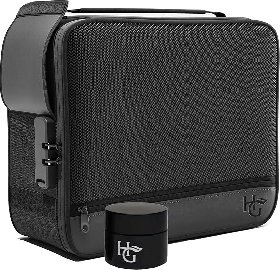 Herb Guard Large Smell Proof Bag & Case with Combination Lock (Holds Up to 3 Ounces) - includes YKK Zippers, 50ml Smell Proof Container and Jar, Built in Tray & Travel Bags (Black)