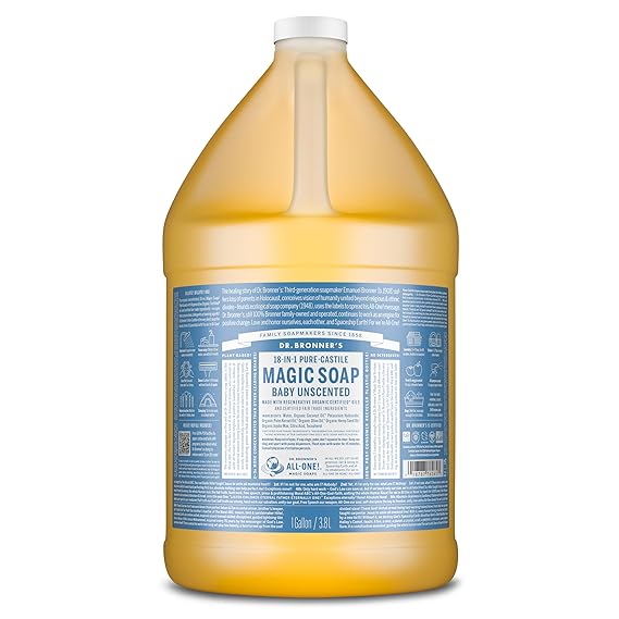 Dr. Bronner's Baby Unscented Pure-Castile Liquid Soap Refill, 1 Gallon | No Fragrance, Dish Soap, Laundry Soap, Baby Wash, Dilutable Concentrate, Scent Free, Body Wash