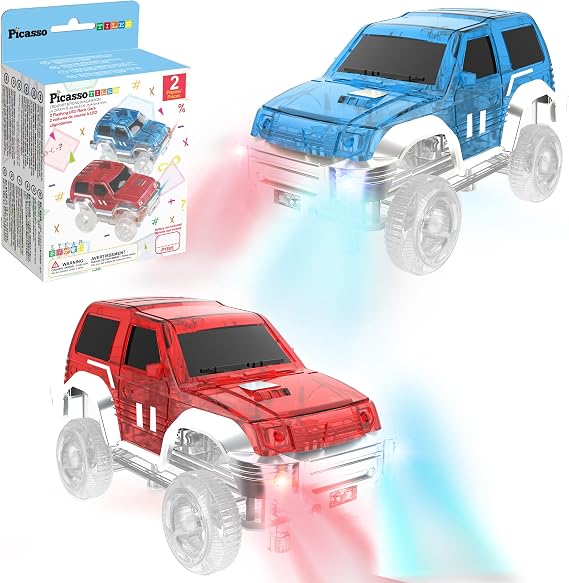 PicassoTiles LED Magnetic Race Car 2-Pack, STEM Track Accessory Toy Ages 3+ | Light-up loop racing thrills, expands any layout collection, replacement or bonus vehicles, imaginative screen-free play