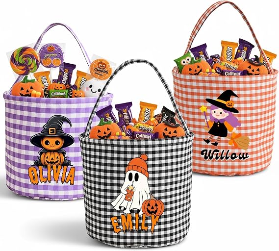 Personalized Halloween Baskets for Kids,Trick or Treat Bag with Name,Custom Gingham Basket, Halloween Bucket Tote, Ghost Design Trick or Treat Bucket for Boys & Girls