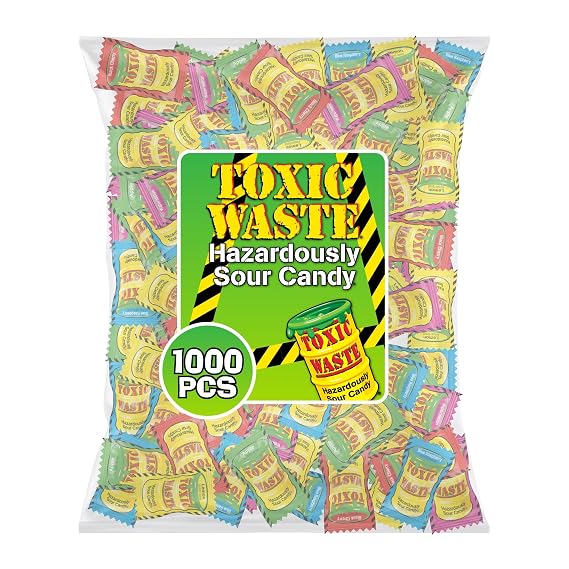 TOXIC WASTE - Hazardously Sour Candy - Apple, Watermelon, Lemon, Blue Raspberry, Black Cherry Flavors - Bulk Bag 1000 Pieces | 5 ultra intense varieties, ideal for offices, classrooms, events, party favors, and wholesale buyers