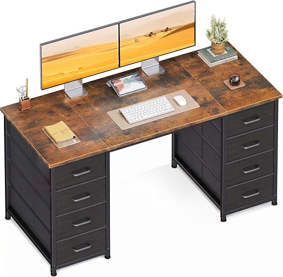 Coleshome Computer Desk with Fabric Drawers, 120x48cm Modern Office Desk with Storage, PC Study Table for Home Office、Bedroom or Living Room, Vintage Brown