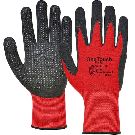 A406 3 Pairs Strong Grip Dotted Work Gloves Red Nitrile Coated Safety Gloves for Builders, Construction & General Maintenance (Medium/8)