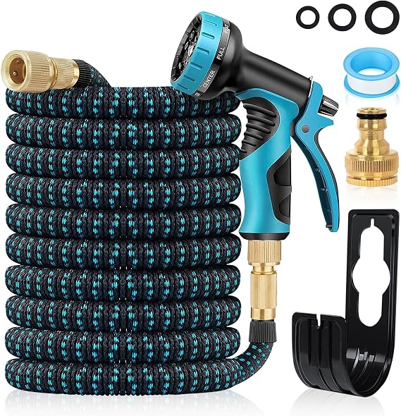 Expandable Garden Hose 100ft 3 Times Expanding Flexible Magic Water Hose Pipe with 10 Function Nozzle, 4 Layer Latex and 3/4'' Solid Brass Fitting Anti-Leakage Easy to use (Blue)