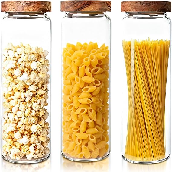 3 pcs Glass Food Storage Jars with Lids Airtight, for Sweet Jar Beans Jar | Round Clear Glass Food Storage Container for Kitchen, Borosilicate Glass, Wood Lid, Stackable, 1550ml SET of 3