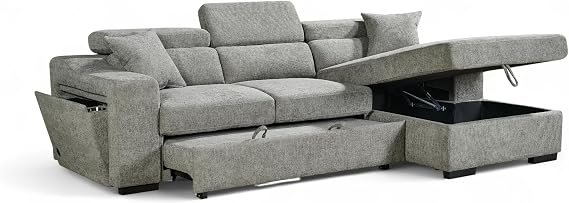 Grey Fabric Corner Sofa Bed with Storage, USB and Wireless Charging Dock ARTHUR - L Shaped Pull Out Sofa Bed 3 Seater for Family Living Room with Cushions, 200 x 120 cm Sleeping Area, Right Hand