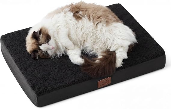 Bedsure Small Dog Bed, Cat Puppy Bed with Comfy Sherpa, 24x16 Inch Black | Orthopedic Egg Crate Foam, Flat Rectangle Pet Mat, Non-Slip Bottom, Removable Washable Cover, For Small Breeds Up to 15 lbs