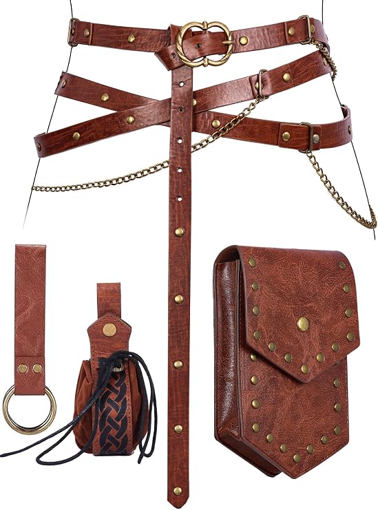 Medieval Belt with Renaissance Bag & Detachable Chains, Vintage Faux Leather Waist Pouch Dresses Belt
