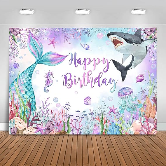 Mermaid Birthday Backdrop 7x5ft Under The Sea Shark Birthday Background Party Decorations Mermaid Tail Boy Girl Happy Bday Banner Photo Booth Prop