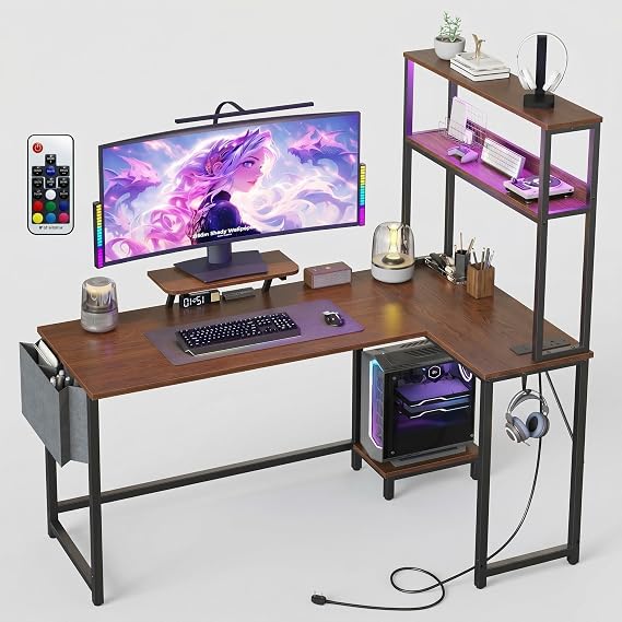 Space-Saving l-Shaped Gaming & Computer Desk – LED Lights, UK Power Outlets – Monitor Stand, Hutch, Storage Bag & CPU Shelf – Modern Gaming Table, Rustic Brown Finish