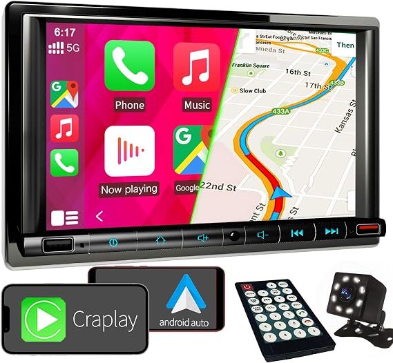 1280720 HD Touch Screen Car Stereo with Backup Camera, 7 Inch Double Din Car Stereo with Apple Carplay and Android Auto,Car Radio with Bluetooth 5.2 and 30 Segments EQ, Mirror link/2USB/SWC/FM/AM.