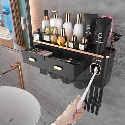 iHave Toothbrush Holders Wall Mounted with Toothpaste Dispenser & 4 Cups - Luxury Black and Gold Design for Bathroom Decor, All-in-One Bathroom Organizers & Storage for Toothbrushes and Accessories