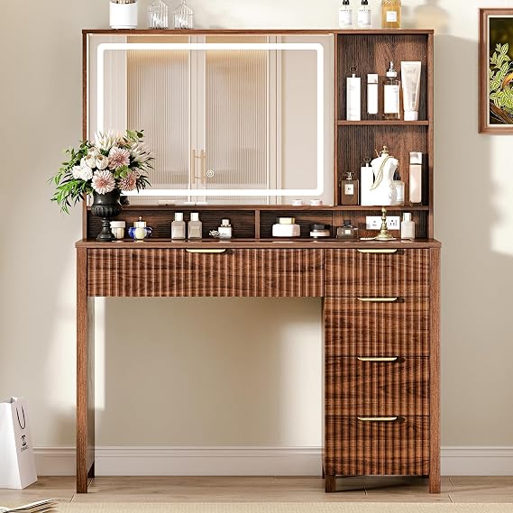 Arulvmrn 43.3'' Vanity Desk with Mirror and Lights, with Glass Tabletop, with 5 Drawers & Shelves,Makeup Vanity Set for Bedroom, Chestnut