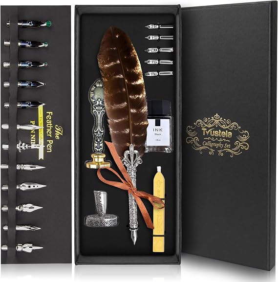 Feather Quill Pen Set - Calligraphy Dip Pen Set Includes Big Feather Pen With 18 Calligraphy Nibs And Pen Holder In A Gift Box For Writing And Antique Desk Decor (NaturalFeather)