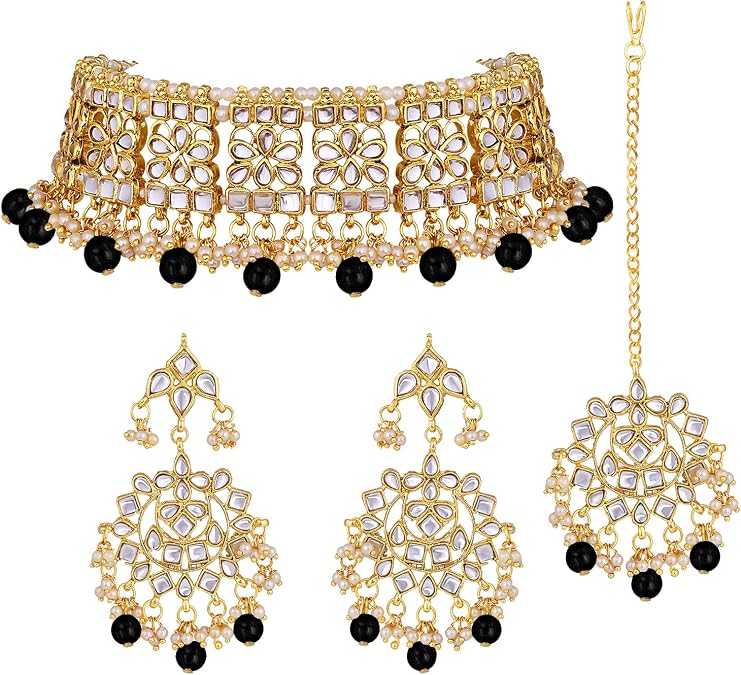 Aheli Elegant Indian Faux Kundan Studded Choker Necklace with Maang Tikka Set Ethnic Wedding Wear Bharatanatyam jewellery set Gift for Women