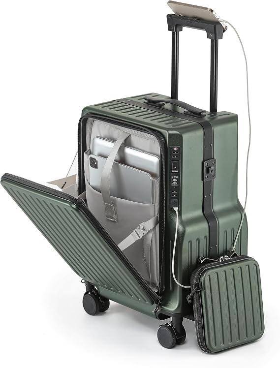20-Inch Front Opening Carry On Luggage with Detachable Bag, Green