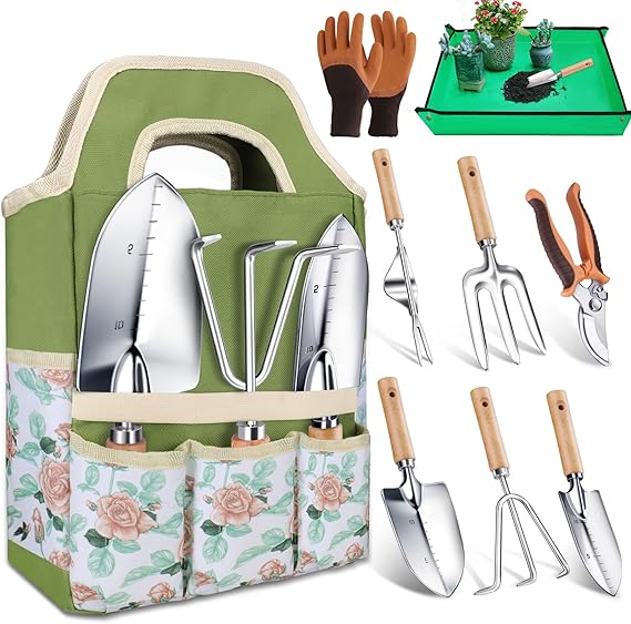 Kynup Gardening Tools, Garden Tools Set-9 Piece Gardening Gift for Women, Gardening Kit Ideal Hand Gardening Spades, Thickened Stainless Steel, Rust-Proof, Garden Supplies, Essentials, Garden Stuff