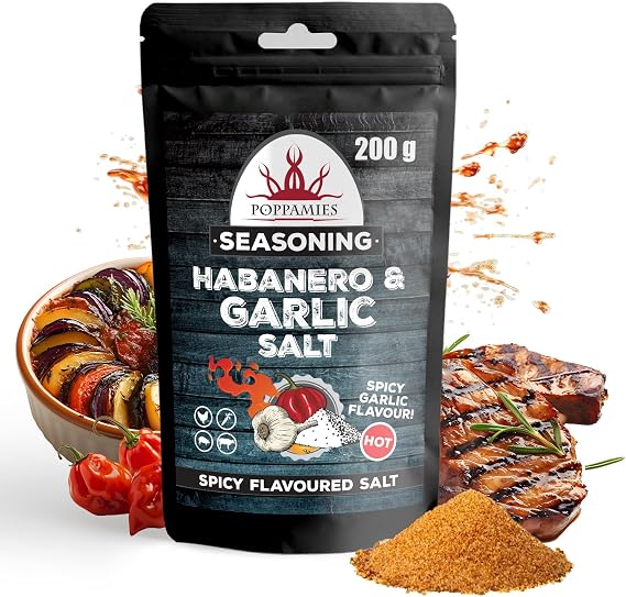 Poppamies Habanero & Garlic Salt - Great for grilling roasting or Everyday meals - Spiciness: Hot - Large Pack (200g)