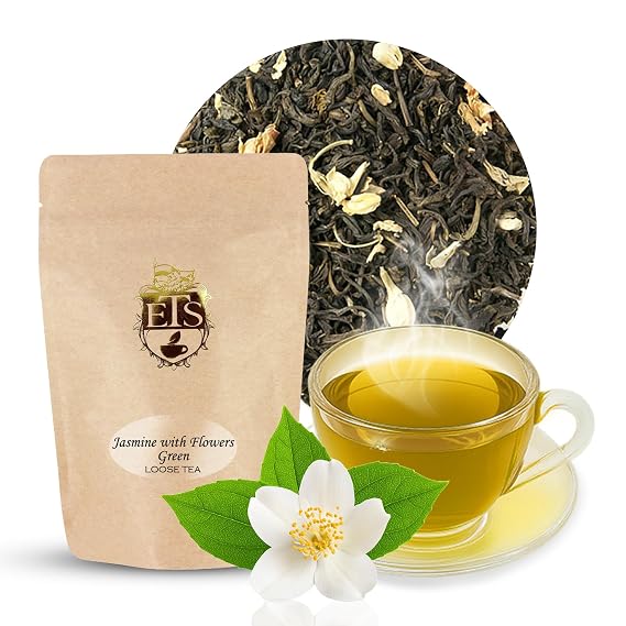 English Tea Store Jasmine Green Tea with Flowers, Loose Leaf, 16oz Pouch | Premium Floral Blend from Fujian, China with Soothing Aroma, Steam-infused, Enjoy Hot or Iced