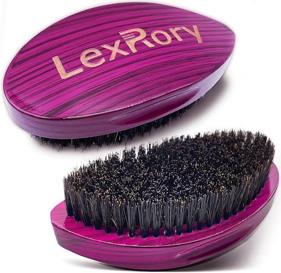 Medium Hard 360 Wave Brush - Upgraded Curved Palm Wavy Brushes for Men - Natural Boar Bristles Medium Firm for Hair Routine Waves Brushing (Stripes Purple)
