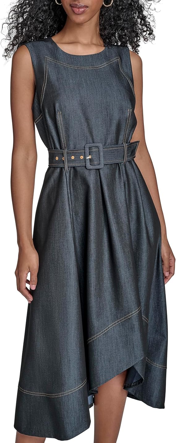 Calvin Klein Women's Sleeveless Belted Asymmetrical Hem Midi Dress
