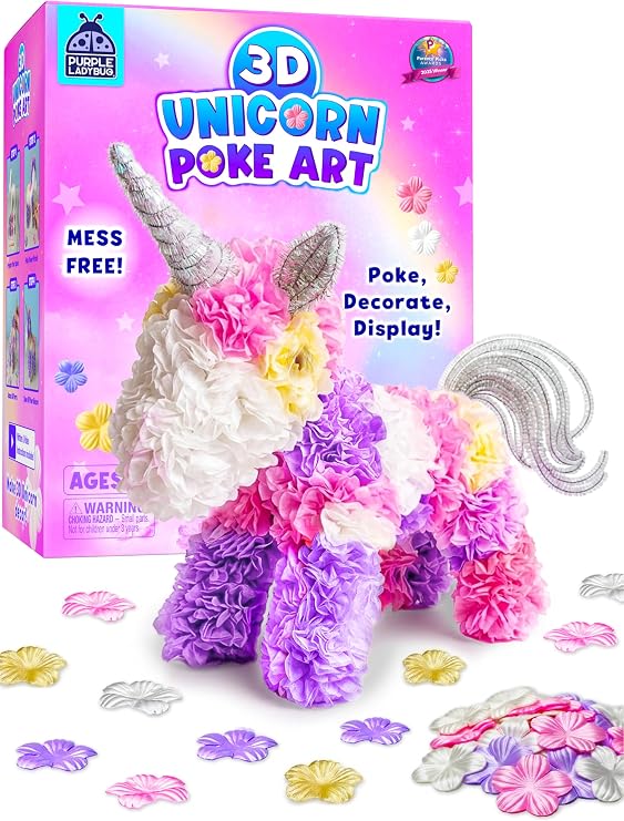 PURPLE LADYBUG 3D Unicorn Poke in Art Kit - Mess-Free Unicorn Craft Kit, Poke Art Girls, Crafts and Arts Kit for Kids, DIY Floral Decorating Kids Art, Unicorn Gift for Girls Ages 4 5 6 7 8 9