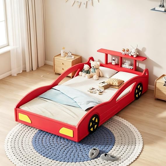 LUMISOL Twin Size Bed Frames for Kids, Race Car-Shaped Platform Bed Frame with Wheels & Guardrails for Boys Girls, No Box Spring Needed, Red+Yellow